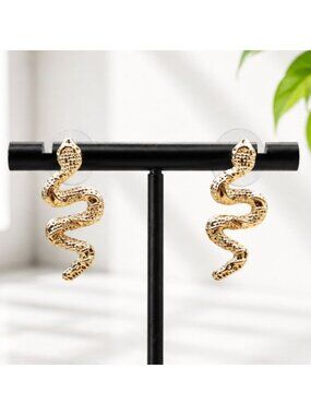 Vintage Gold-Tone Snake-Shape Earrings With Textured Detailing Perfect For A Ret